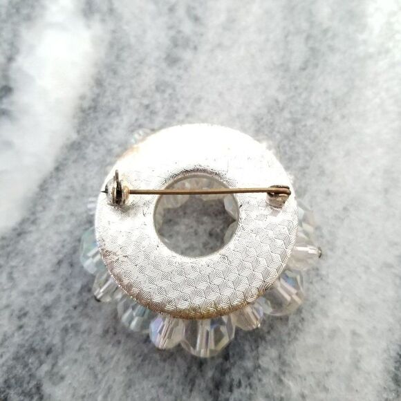 Vintage Beaded Cluster Wreath Circle Brooch, AB Crystal Clear Beads, Unsigned Es - Picture 3 of 5